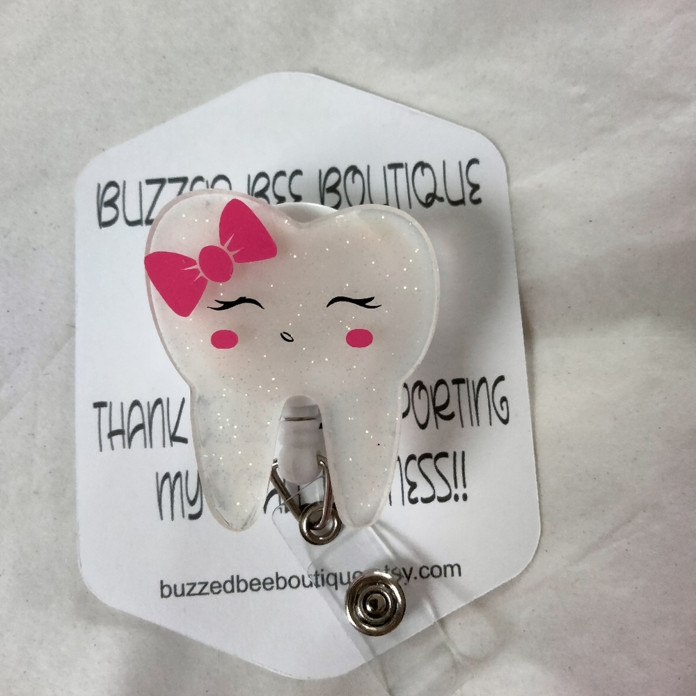 Girl tooth retractable name badge reel ID holder